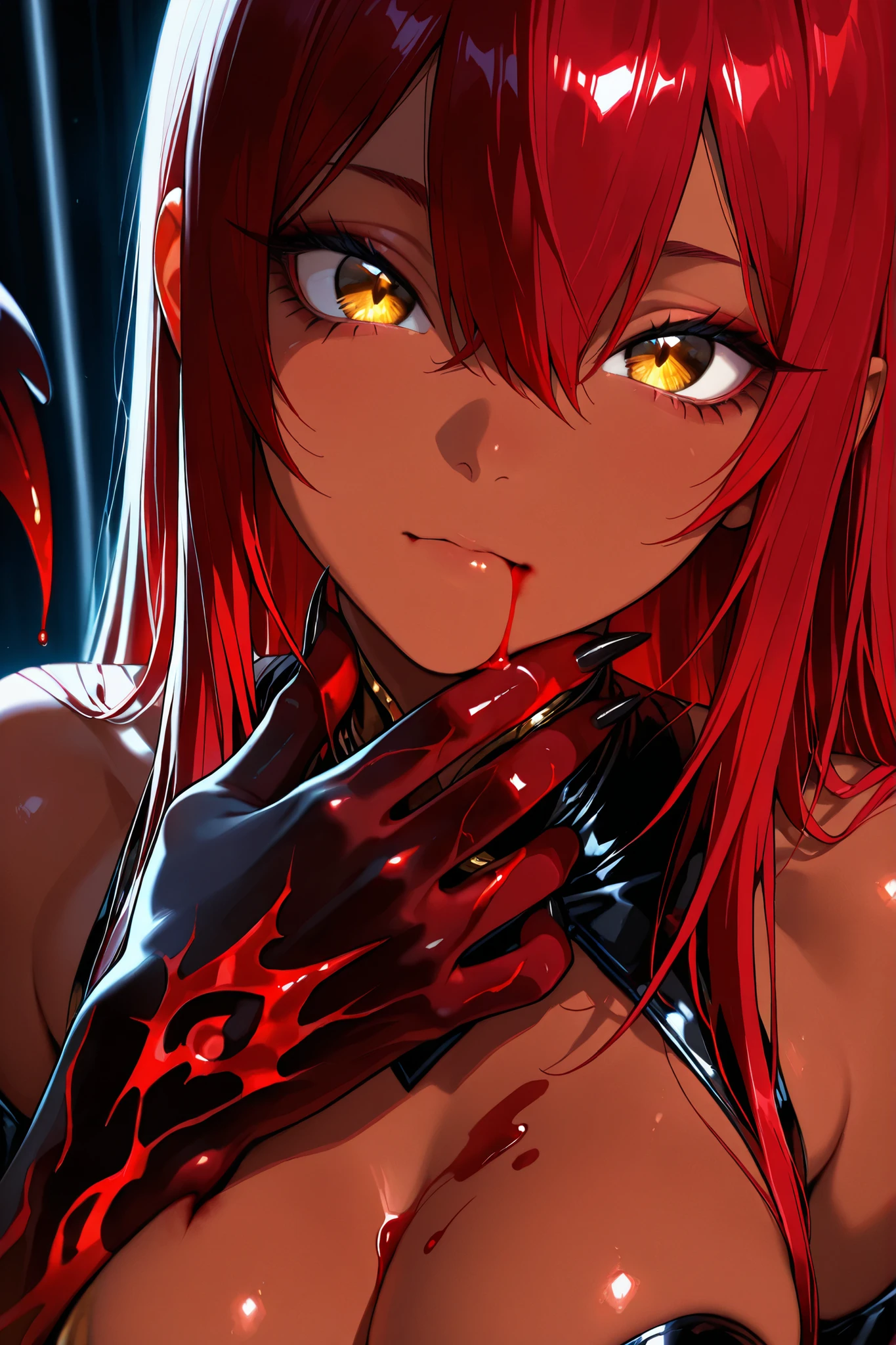 (close up Demon hand :1.4) ,dark skin:1.1 ,sharp nails ,beautiful nails ,beautiful screen lighting ,Trans parent , ,masterpiece ,best quality ,amazing quality ,Droopy blood:0.1 ,XUER guangying, Detailed nails, pulsating blood vessels:0.1 ,Hires upscale: 1.5, the demonic hand grasps the chin of a young woman, scratching the flesh with its nails, 1 girl , golden eyes , very long hair , long sidelocks, red hair, petite , very cute , beautiful ,Straight hair, cool, handsome, hair between eyes, sexy, female, medium large breasts,
