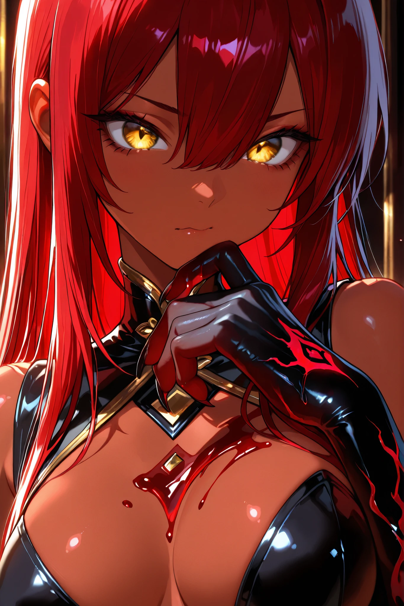 (close up Demon hand :1.4) ,dark skin:1.1 ,sharp nails ,beautiful nails ,beautiful screen lighting ,Trans parent , ,masterpiece ,best quality ,amazing quality ,Droopy blood:0.1 ,XUER guangying, Detailed nails, pulsating blood vessels:0.1 ,Hires upscale: 1.5, the demonic hand grasps the chin of a young woman, scratching the flesh with its nails, 1 girl , golden eyes , very long hair , long sidelocks, red hair, petite , very cute , beautiful ,Straight hair, cool, handsome, hair between eyes, sexy, female, medium large breasts,