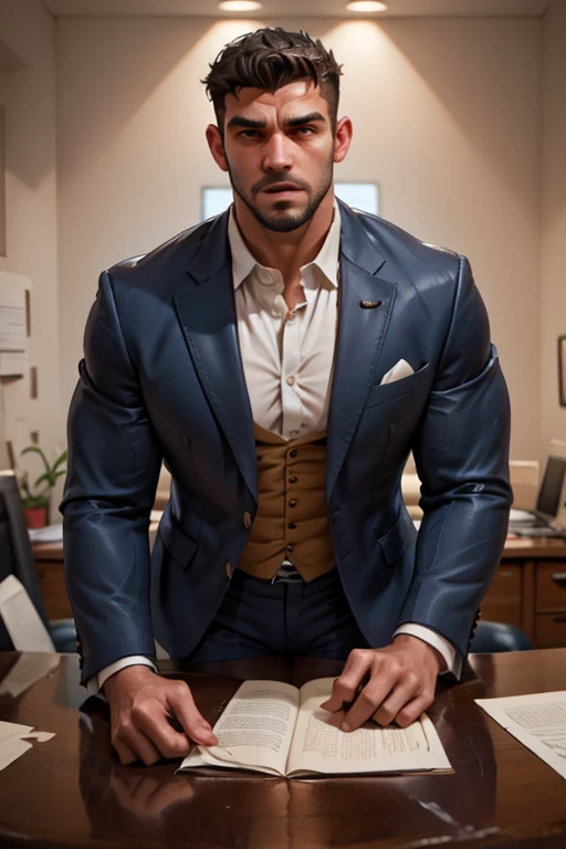 Front open Office suit and showing hairy chest abd little mouth open and eyes closed, close up focus indian perfect wetty big hairy monster wetty bulge in pant, wetty spot on pant, masterpiece