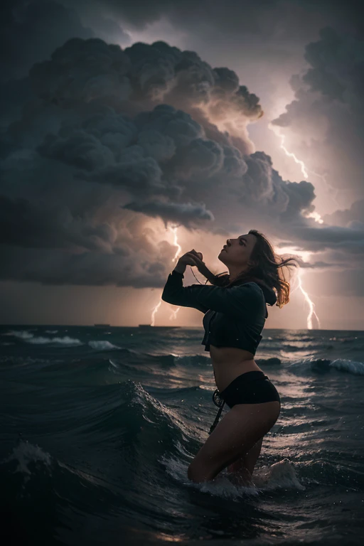 Stormy Cliffside:
Subject: A windblown blonde 36dd bra woman (22) in a dark cloak, stands defiant against a raging storm on a cliffside. She holds a skull aloft, shouting into the wind with a defiant expression.
Technical: High-resolution camera (e.g., Nikon Z9), wide-angle lens (e.g., 16-35mm), slow shutter speed to show movement in the wind and waves, focus on the woman and the skull, dramatic lighting with heavy rain and lightning in the background.