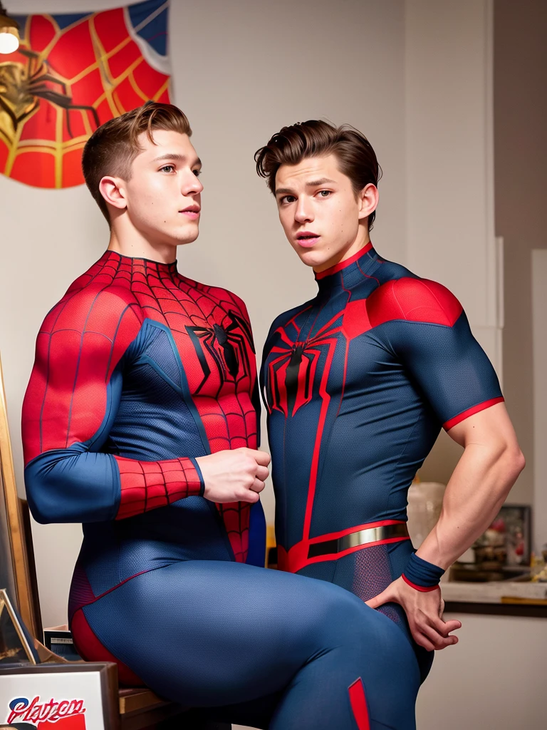 3 gay males in lycra kissing eachother in a messy bedroom 
