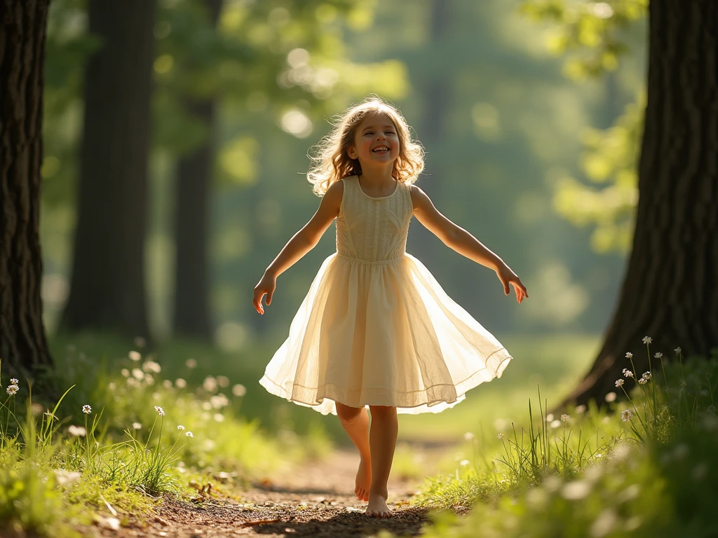 A young girl with long, flowing blonde hair twirls in a vibrant green park, her skirt billowing around her in the warm breeze.