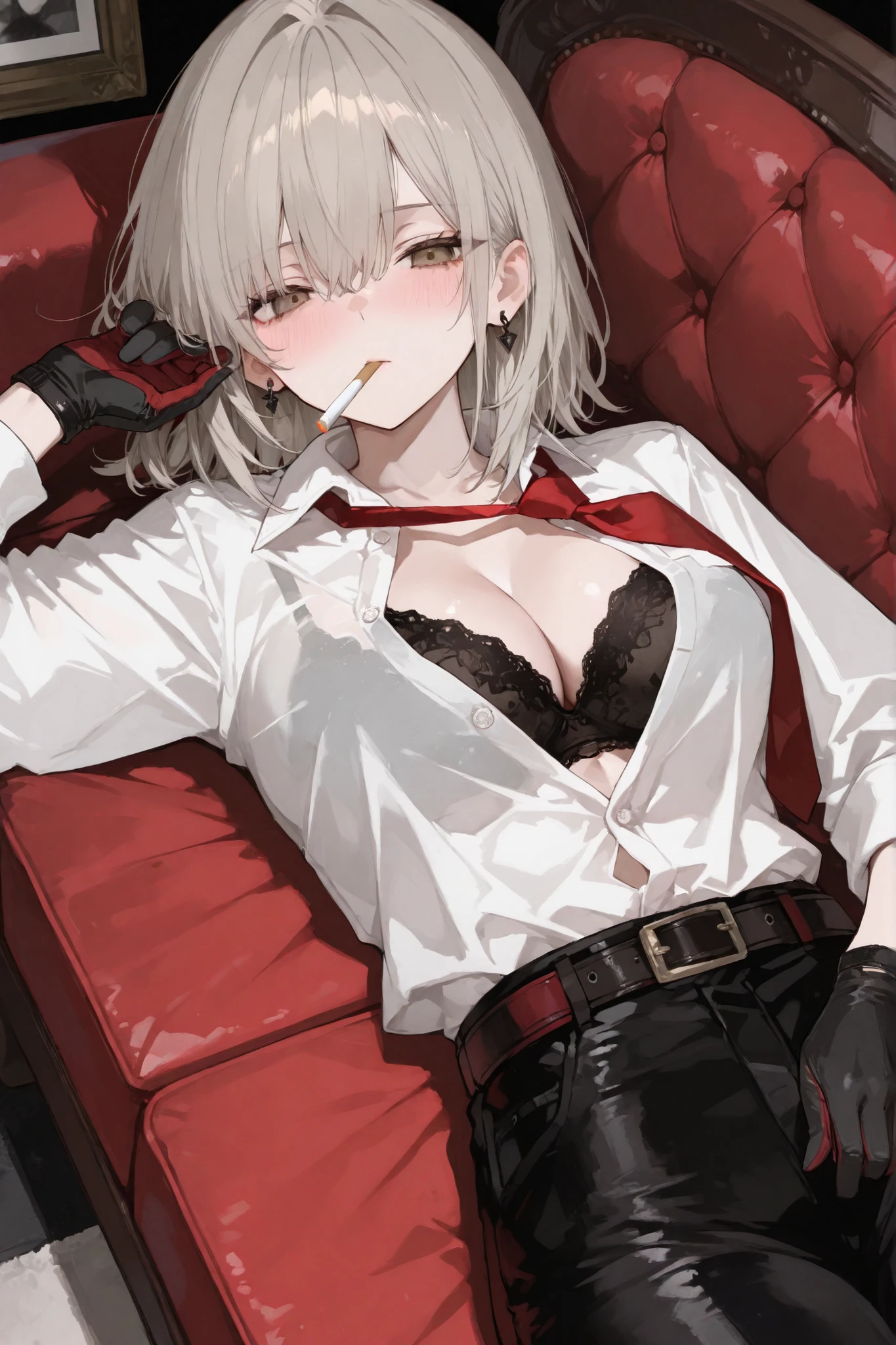 masterpiece,best quality,1girl,zdrada(helltaker),white hair,short hair,(hair over one eye),demon girl,black horns,demon horns,red eyes,eyeshadow,eyelashes,piercing,tongue piercing,ear piercing,nose piercing,jewelry,cross,cross necklace,(red shirt),collared shirt,black choker,belt,(black pants),smile,open mouth,tongue out,sharp teeth,(smoking,smoke trail),sitting,crossed legs,indoors,(dutch angle),<lora:zdrada:0.8>,<lora:Concept-control tool-add_detail-CyberAIchemist:0.5>,
