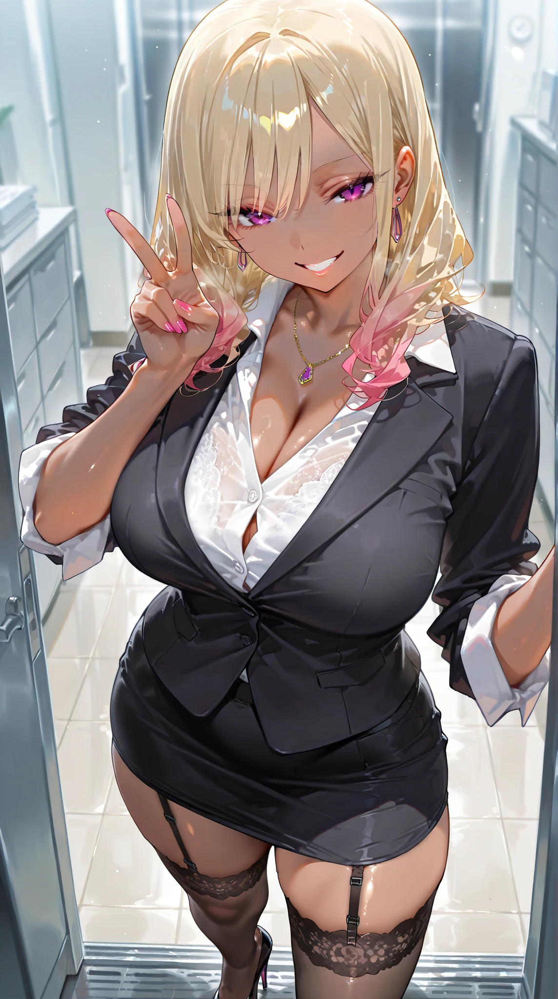 (best quality:1.5, highres, UHD, 4K, detailed lighting, shaders), gold floral haired, gradient hair, large breasts, suit, gray shirt, social shirt, short skirt, mature woman with glasses, (pov), white background, colorful eyeshadow, dramatic lighting, sparkling eyes, sensual expression, golden earrings, flowing hair, delicate facial features, dark skin, high cheekbones, urban setting, white background, dont look for the camera, lean forward, ( pose : behind the camera), squatting, open foot.