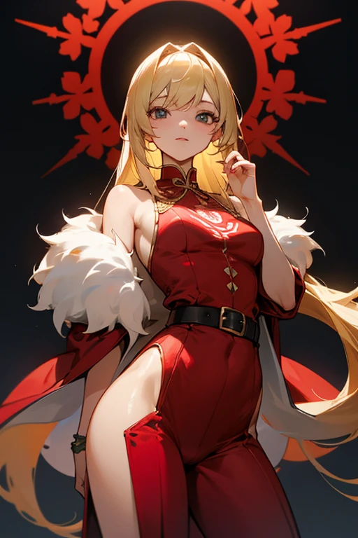 young girl, longue blonde hair, Hairpin with a bundle, turquoise eyes, Yakuza tattoos, red tight uniform, Sleeveless, Wide neckline on the chest to the abdomen, Gold Elements, Red gold armor, Shorts, claws, smirk, Masterpiece, hiquality, 4k, HD, Good detail