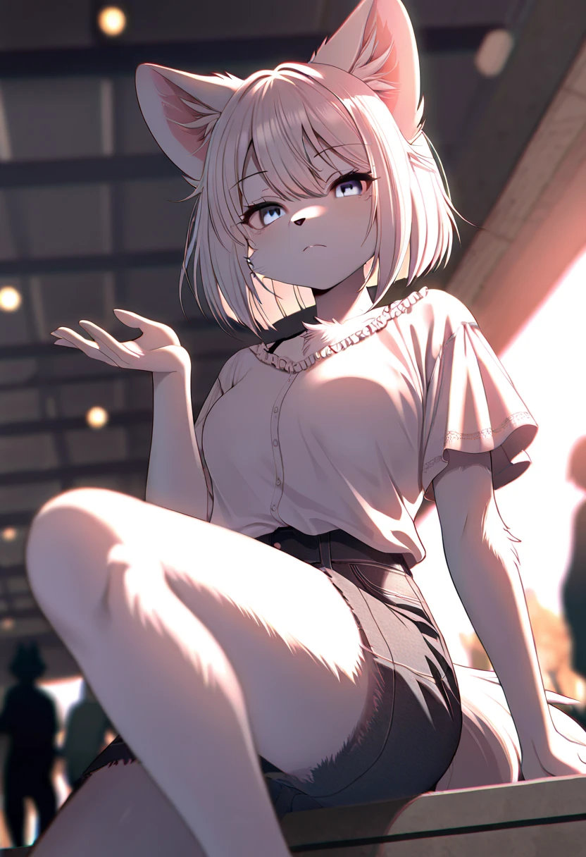 illustration (antro,fluffy,kemono), bunny,a cat, animal ears, nake, without cloth, body fur, prostitute, naked, Without clothing, 18+, full height, without a dress, small breasts, spread your legs,Blue eyes, white long hair, cropped hair, Bang