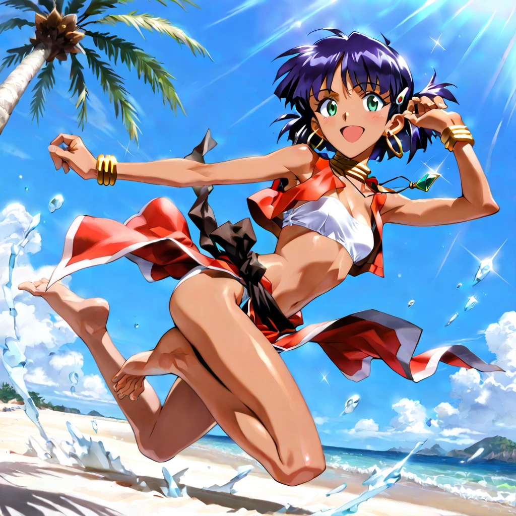 (best quality, high quality, ultra quality, Absurd:1.5), One girl, fighter, (Black Hair, Pixie Cut, Sunburn, Sunburnlines, Dark skinned women, Dark Skin:1.3), (gigantic 胸), Dark blue school swimsuit, Outdoor,  sunset, beach, (ass pov), (Dutch angle:1.2),