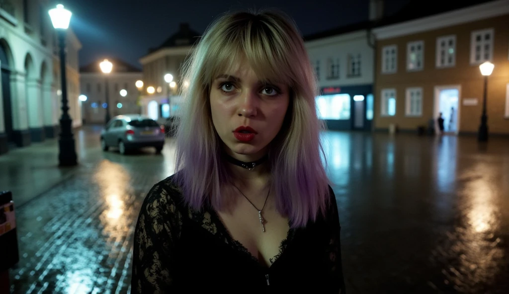 Old russian milf, platinum blonde hair in top bun ,with very light blue eyes, pale, heavy eye shadows. Sad face, smeared make up, runny mascara. Wearing black moto jacket, sports bra, black skinny jeans and white tennis sneakers. Lots of metallic braceles and collars. Tacky leather belt with oversized buckle. Wide loop earrings. Scared face, on her kness, looking up. Seen from above