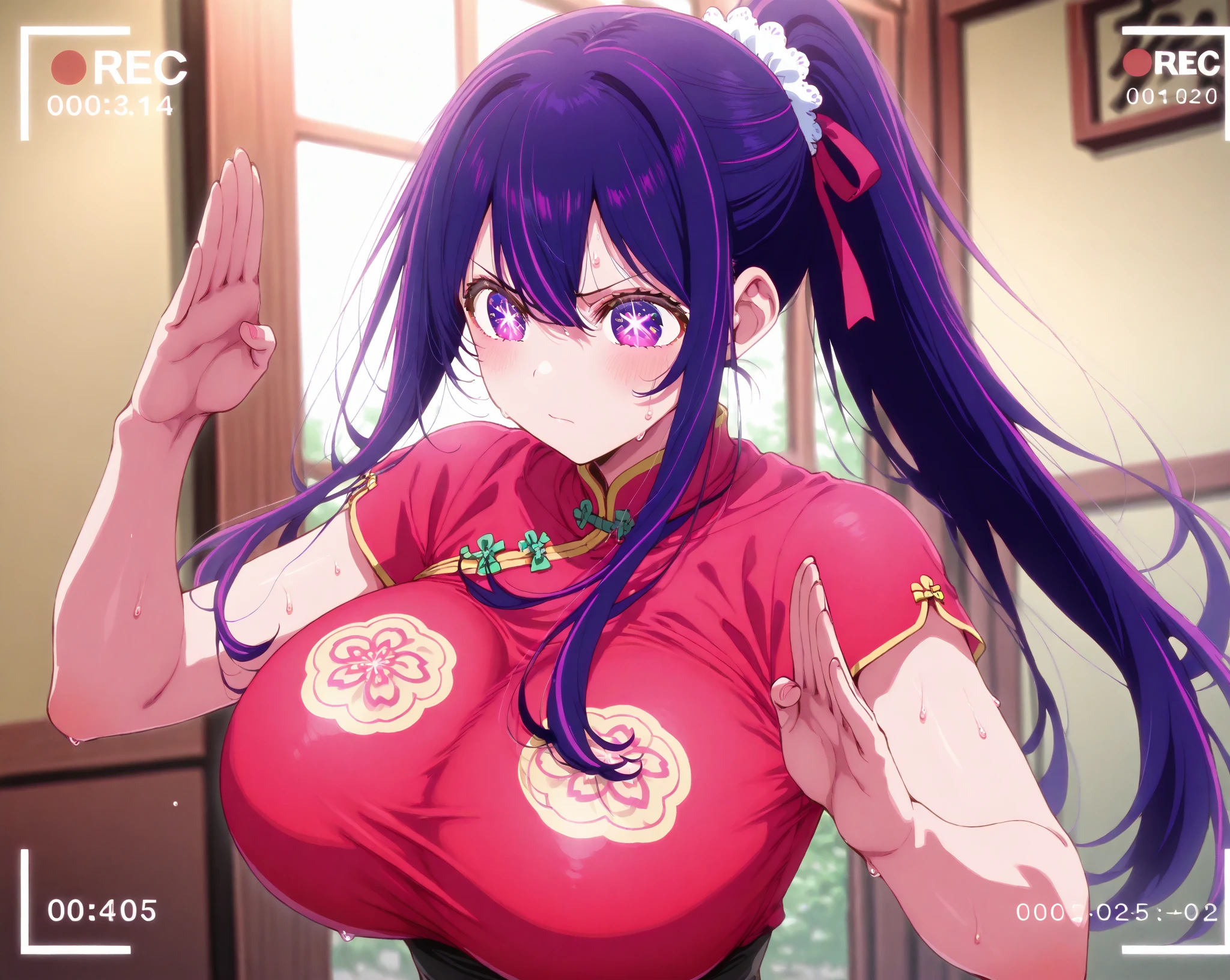 (masterpiece, best quality)(source_anime) tashigi, black eyes, folded ponytail, glasses, pink coat, coat on shoulders, purple shirt, blue pants, upper body, looking at viewer, big hip, big tits, cry,((NSFW))