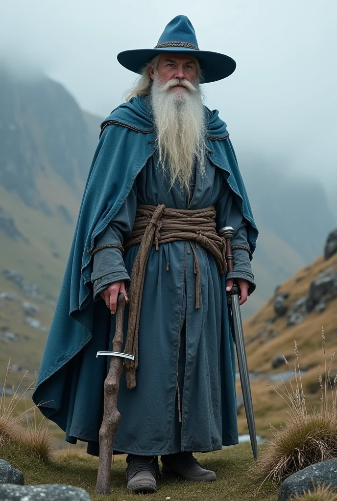 The wizard Dumbledore from the Harry Potter films, with his wizard hat and shirtless showing his muscular body and staring 