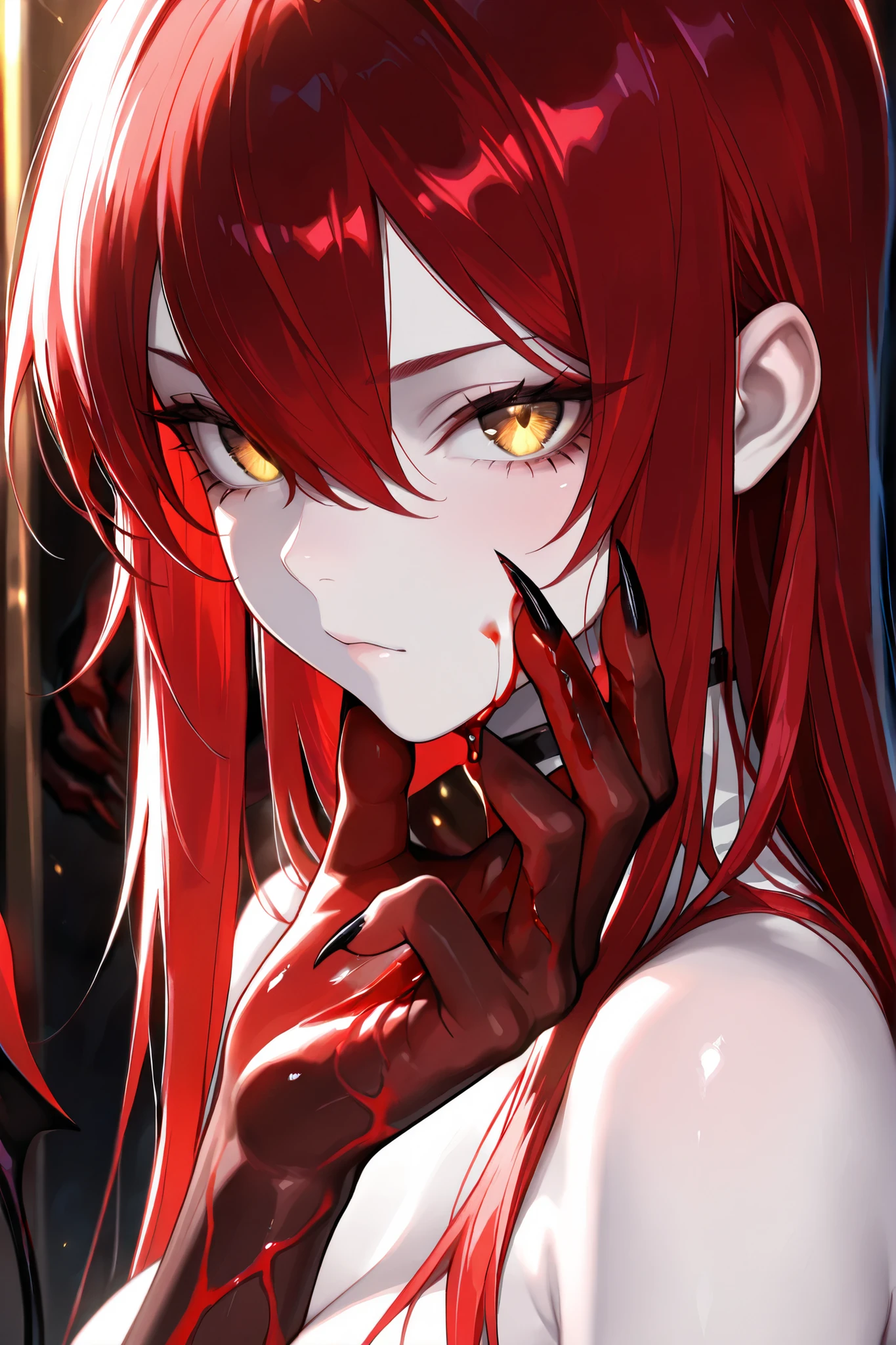 (close up Demon hand :1.4) ,dark skin:1.1 ,sharp nails ,beautiful nails ,beautiful screen lighting ,Trans parent , ,masterpiece ,best quality ,amazing quality ,Droopy blood:0.1 ,XUER guangying, Detailed nails, pulsating blood vessels:0.1 ,Hires upscale: 1.5, a strange demonic hand grasps the chin of a young woman, scratching the flesh with its nails, 1 girl , golden eyes , very long hair , long sidelocks, red hair, petite , very cute , beautiful ,Straight hair, cool, handsome, hair between eyes, sexy, female, medium large breasts, pale skin, strange demon hand, side view