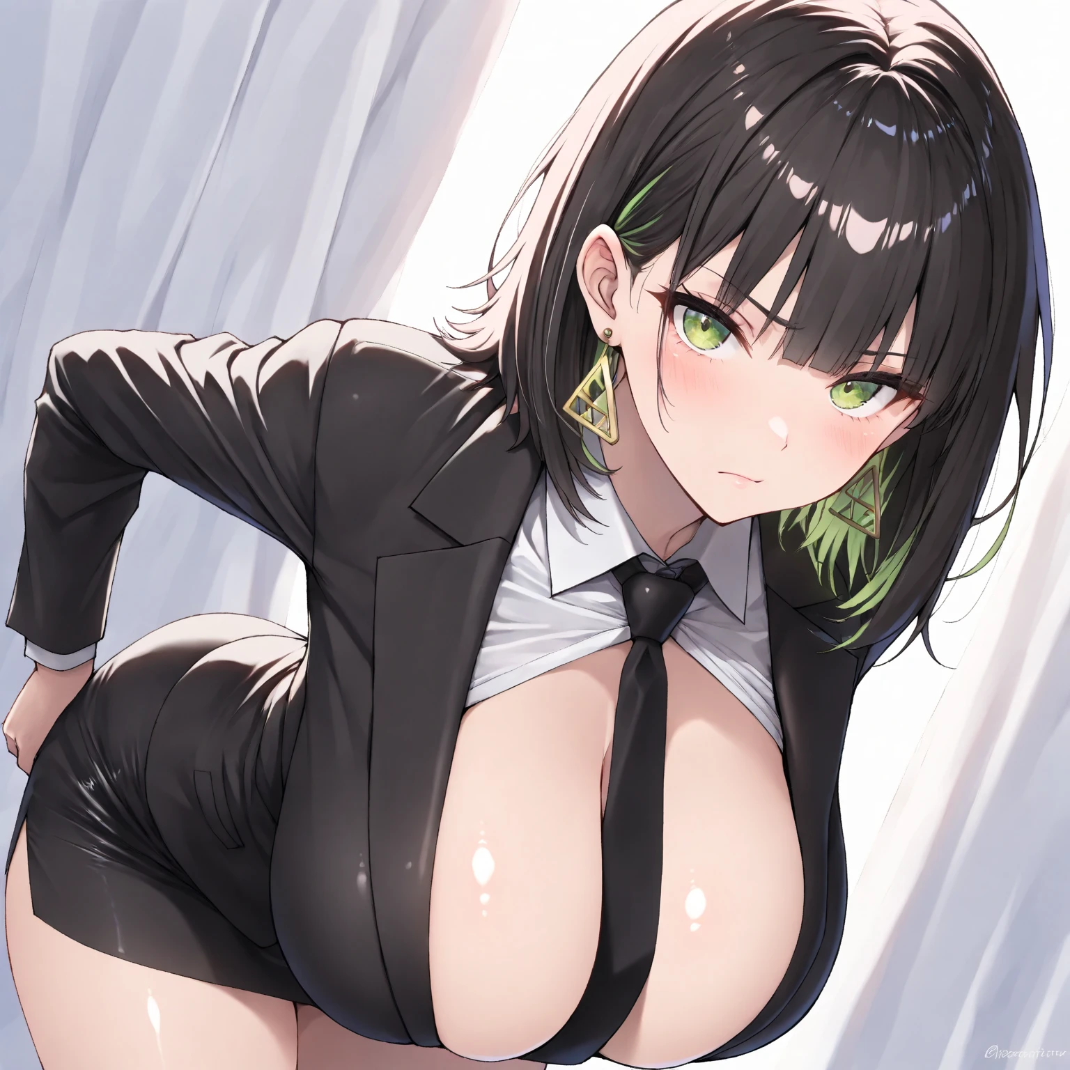 score_9_up, score_8_up, score_7_up, 1girl, solo, source_anime, hourglass figure, Big breasts, kemonomimi, bear ears, brown hair, short hair, messy_hair, blue eyes BREAK freckles, (magician), top hat, black jacket, green leotard, fishnet pantyhose, bowtie, grin, bowtie, Open jacket, white background, gradient background, standing, looking at viewer, teasing face, breasts out, nipples, breasts hold, blush