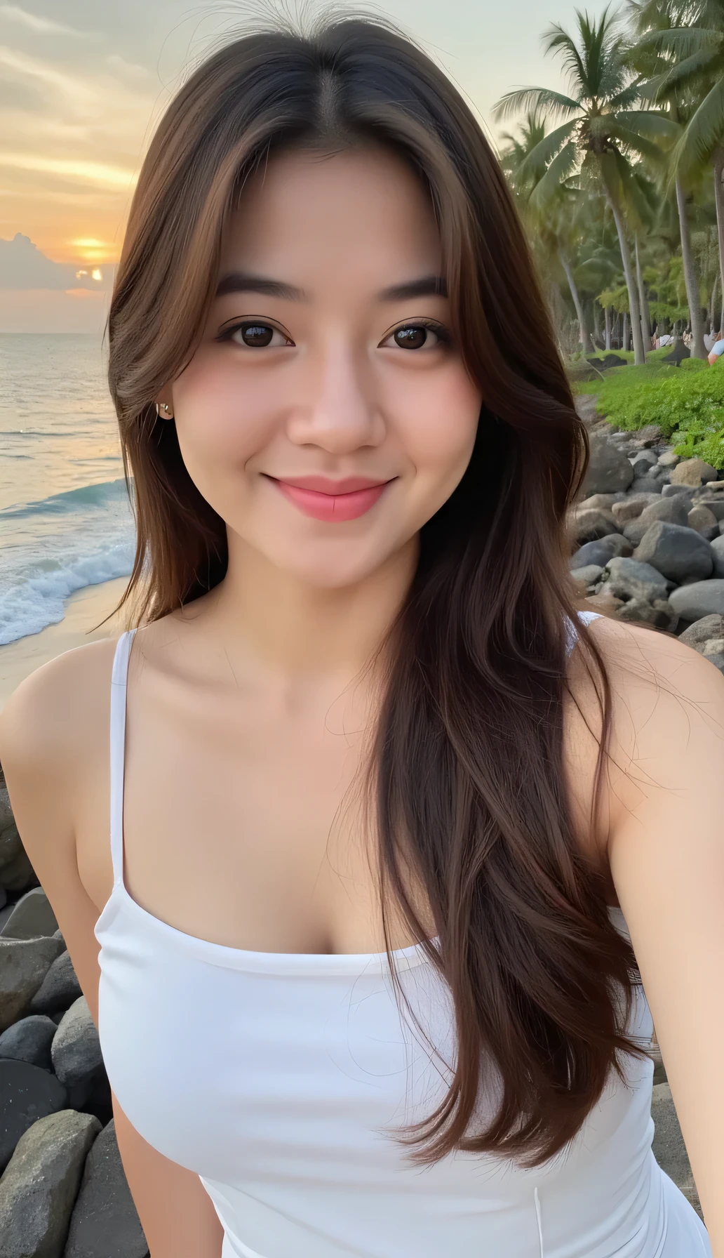 A beautiful indonesian female. 25 years old, Indonesian face. Long straight hair, loose hair, brown hair, side swept bangs, hair covering ears. Chubby body, wide hips, white skin, big breasts. wearing white midi dress, tight cleavage, earrings. Above view, high angle, facing forward. Standing facing forward, charming smile, head tilted slightly, look at viewer, high angle close-up selfie. In the beach in the afternoon, background overlooking a blue sea waves, lots of coconut tree, Orange sky, sunset, back sunset light. Overall very detailed, Hyper quality image. HD resolution. Ultra high realistic image. 16k. Ultra details. Orange saturation