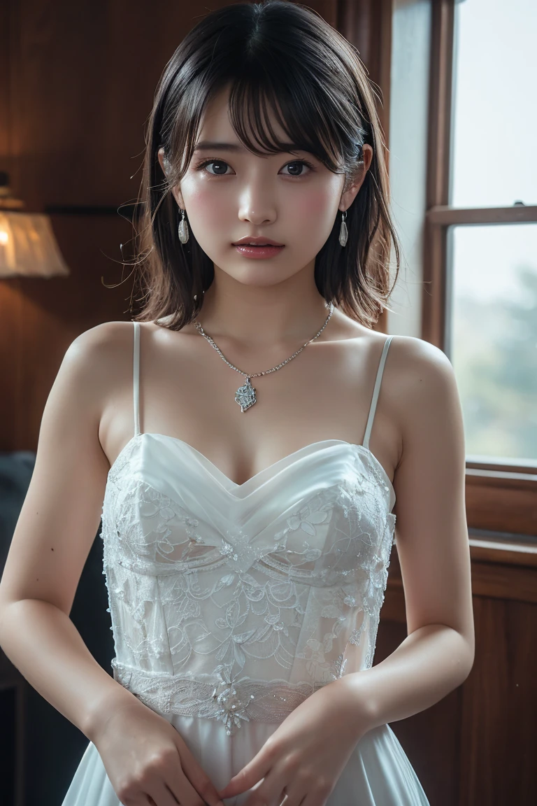 (((Pixel perfect, Perfect details))), alone, 1 girl, Close-up of beautiful bride wearing beautiful wedding dress,Gurwitz, (bridal veil:1.5),(transparent short veil:1.5),blush,eye shadow,Blushing face,Head flower,(tube top wedding dress:1.5),(silk dress:1.2),(strapless wedding dress:1.5),pure white dress,necklace,earring, medium breasts:1.3),Bangs,lipstick,(White long elbow gloves:1.4),full-body shot,High-detail RAW color art,White long skirt,There is only one railway track in the whole body, 18 years old, (long twintails:1.5),(double bun:1.5), black hair