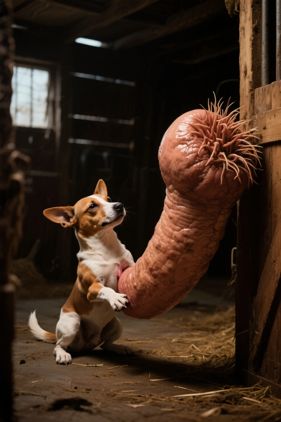 A hyper realistic, ultra detailed image of a terrordog, fat, (((((feral))))), wild mane, flowing mane, textured mane, ((hair over eyes)), pig snout, tusks, mane, spines on back, long spines on back, thick thighs, pink body, solo, looking at viewer, teeth, shaded, intricate, realistic, detailed background, dark skin, (saliva:0.8), monster, furred body, claws, (short tail:0.8), ((((pig penis, cum shot, tapering penis, mottled penis, prehensile penis, precum, balls, anatomically correct penis)))), panting, drooling, saliva, aroused, Side Rear view, face down, ass up, showing plump anus, soft anus. on a klingon star ship, freighter. ((((pig feet, feral, lying on side, double fist, anal fisting, faceless human, excessive hyper feces))))