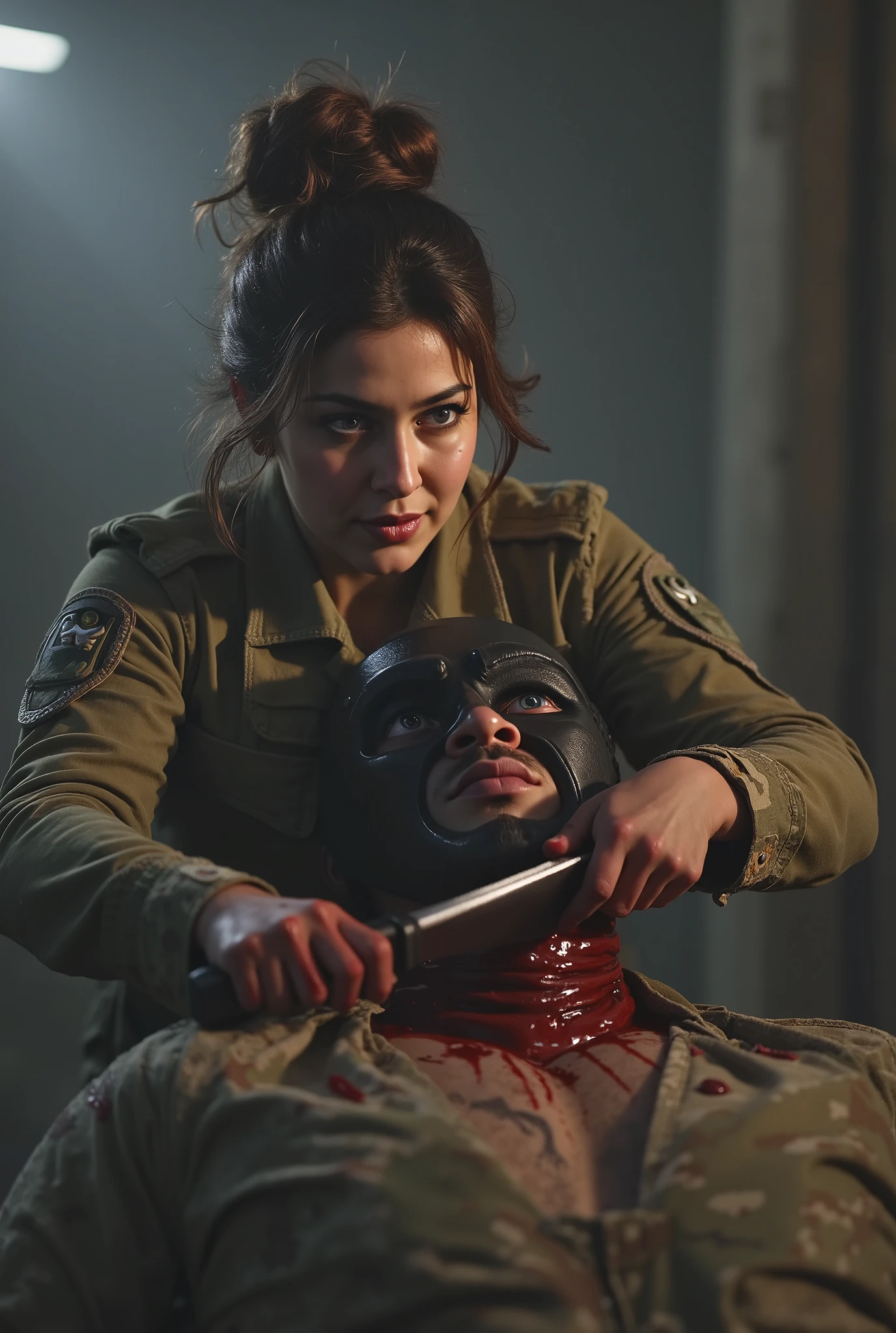 Realistic, real quality, beautiful woman, woman 20 year old, woman cuts neck boy, woman killing boy, blood splashed in neck boy, woman thick hair, woman hair bun very big, boy 25 year old, woman Delta force Camuflase white outfit, woman delta force armor, woman knife, woman complete with combat equipment, boy full face mask bondage