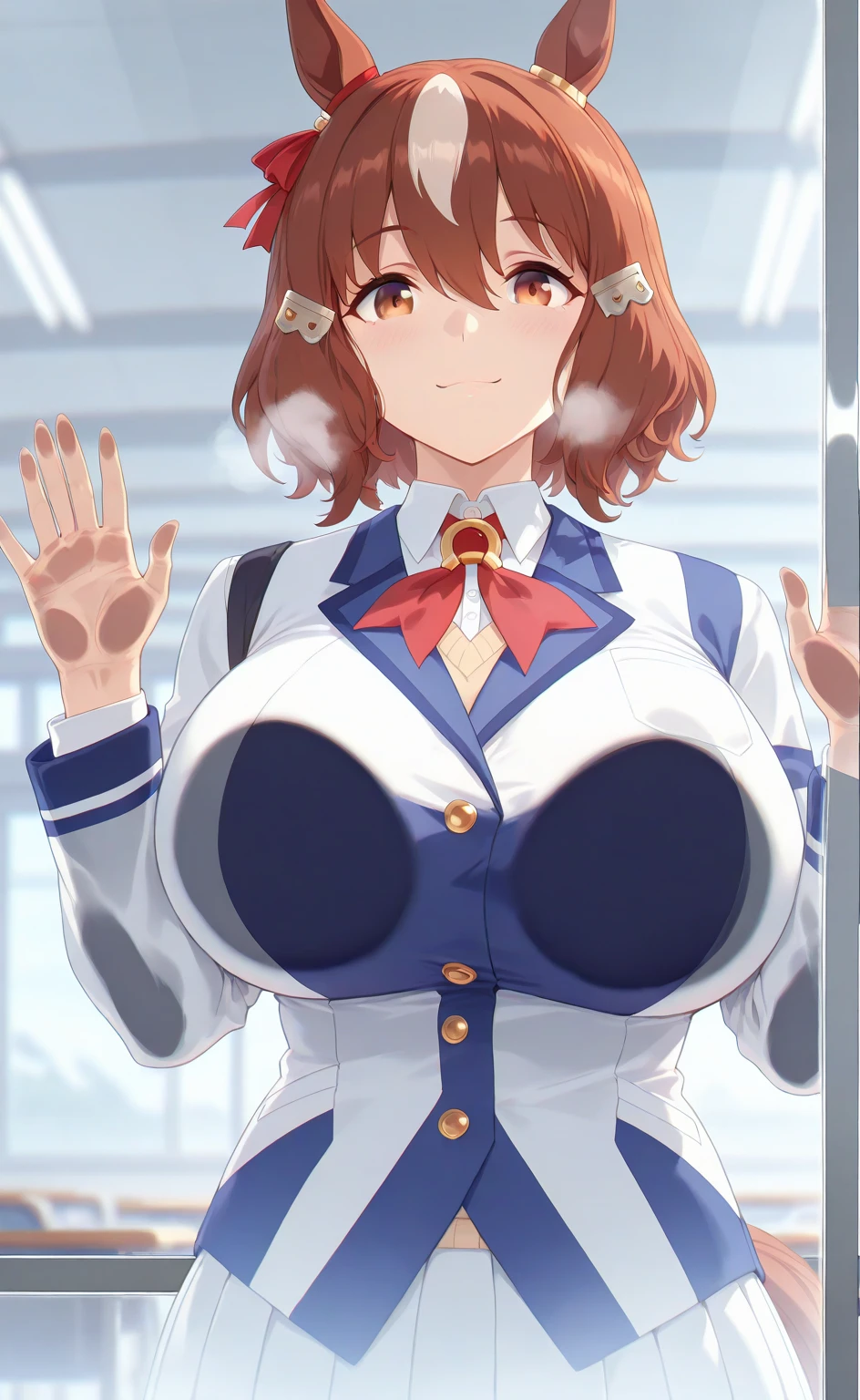 (Perfect body),highest quality,16k、Masseter muscle part、Anime Screen Capture、NSFW、one eye closed、(((blush)))、((((embarrassing))))、:d、Wavy mouth、Tsulife○lumes、((asymmetrical bangs))、((Forehead))、(parted bangs)、(short hair)、((b○b cut))、(brown eyes),((brown hair)),(Sweat)、(big ass)、(huge breasts)、swollen nipples、((thick thighs))、(White and light blue leotard)、white knee socks、White gloves、white hair ornament、silver protector、Point to the front with your right hand、jump with legs closed、(In town)、heroic pose