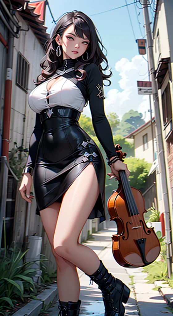 Masterpiece, MSKS style, huge , 1girll, Blue-haired, Purple eyes, Japan goddess, Bare shoulders, Maximum detail background,Play on the violin,Silver and white dress short skirt,Beautiful and moving,blush,Hotel 1.4,8K, Realistic1.4,