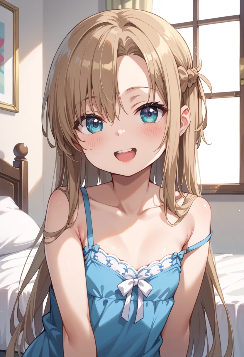 (​masterpiece),(top-quality:1.2),1girl in,(masuter piece:1.3),exquisitedetails, top-qualityの8K解像度,Vibrant colors,  With warm and gentle lighting,(head tilt:1.2),(finger to mouth:1.3),kiss face,(smooth straight blonde hair:1.2),(Hair parted in the middle:1.3),(Glowing hair),(Dark blue eyes:1.3),cute smile face,White skin, hair clips,Small necklace,Summer morning