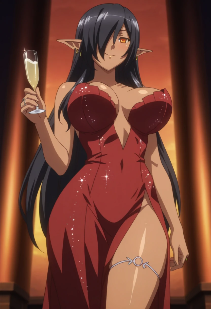 (best quality,16k,ultra-high definition:1.2),party dress,girl,girls,portrait,beautiful detailed eyes(extremely detailed eyes:fine detail),luscious lips,(long eyelashes,detailed eyelashes),sparkling eyes, (vibrant makeup,vibrant red lipstick),happy expression,standing posture,(fancy,fashionable,elegant,stunning) outfit,shoulder-length hair, (wavy,straight) hair,gentle smile,(charming,seductive:1.1) gaze,dark hair,refined face,people drinking and talking in the background,(animated conversations,happy atmosphere),vivid colors,studio lighting, created by MAPPA studio