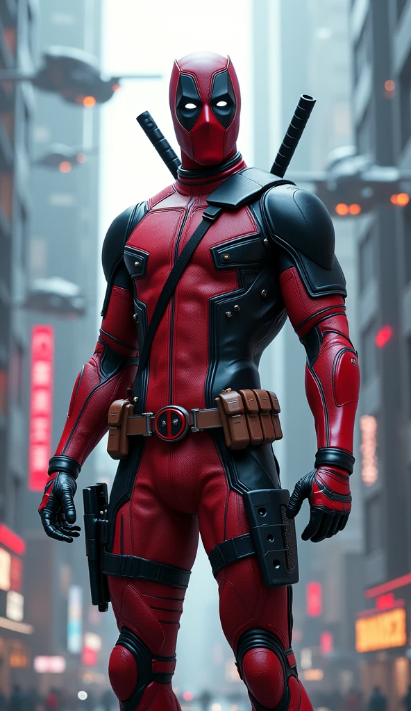 Marvel anti hero Deadpool, Muscular, nice abs and biceps, noticeable nice bulge in crotch area, in Kuala Lumpur city background at night, cinematic photography, UHD, HDR