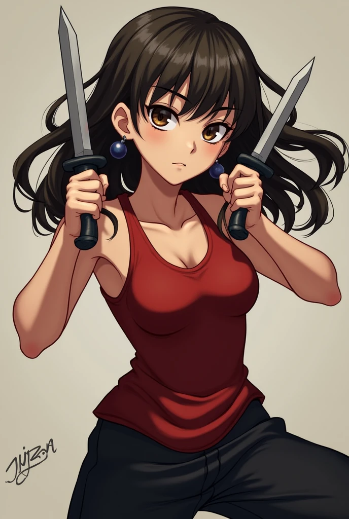 Girl with a sword，Simple lines，Minimalism，Abstract Art，Holding a red long sword，