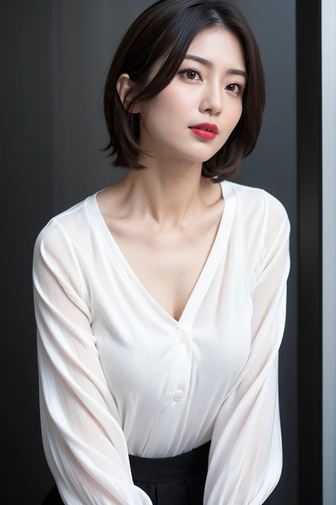 Best-quality, Masterpiece, Ultra-High-Resolution, (Photorealistic:1.4), Raw-Photo, Extremely-Details, Perfect-Anatomy, 1girl, the most popular Japanese actress, (squatting, upturned butt wearing tight-skirt), wearing white blouse, light gray suit, trench-coat, tight skirt), looking at viewer, beautiful smile, detailed extremely beautiful hip, ((extremely beautiful face like a most famous Japanese actress, extremely beautiful big black solid circle eyes)), (extremely beautiful black short-cut-haired), extremely beautiful lips, extremely beautiful white skins, extremely beautiful breasts, extremely beautiful thighs, extremely beautiful body, detailed white blouse, detailed tight-skirt, detailed light gray suit, detailed trench coat