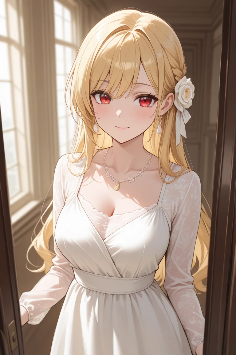 (masterpiece, best quality:1.2), 1girl, solo,mature_lady, delicate face,detail eyes,long hair, floating hair,medium breasts, upper body,,White lace tube top dress,in a student dormitory
