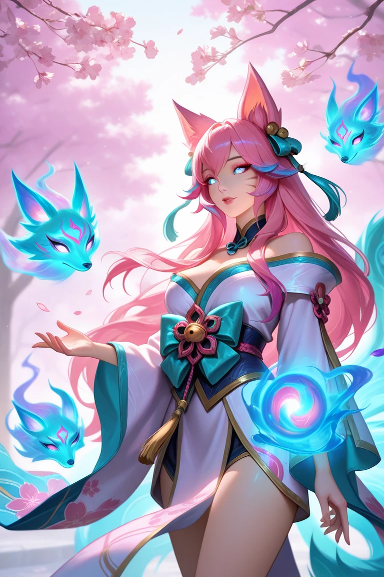 Ahri Snow Moon, Light Blue Face Mark, Pearl Pendant, 4k Wallpaper, Multiple Tails, Snow Stage, Official Art, Single Art, Full Body Focus, Holding a Magic Orb in Your Hand, Two Legs, Well-Made Hands, 5 Fingers, Magical and Colorful Stage