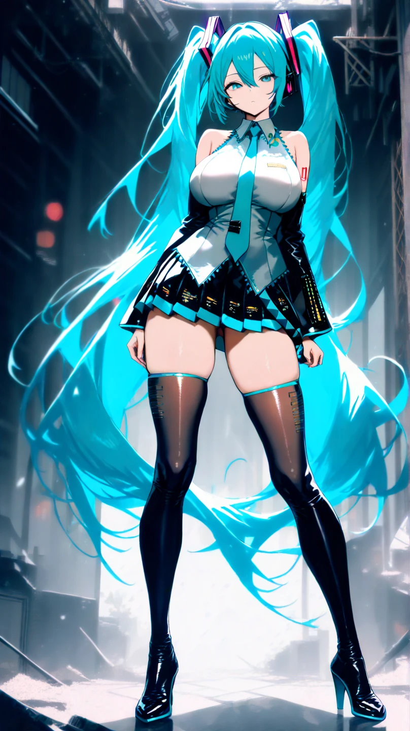 top-quality,in 8K,masterpiece,highly detailed,Impressionism,Photorealsitic,deep-shadows,blurry backround,Official art,ultra-detailliert,realisitic,Cinematic lighting, film grains,perfect anatomy,anatomically correct,depth of fields,elaborate design,solo,very sexy girl,Hatsune Miku,beautiful detailed droopy eyes,shy,blushing,slender body,tits,super detailed shiny skin,super detailed cute uniform,Half-naked girl,detailed skirt,in futuristic big city