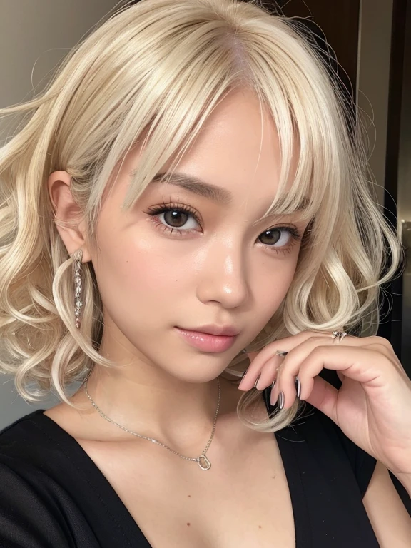 (Highest quality、4K、8k、High resolution、masterpiece:1.2)、Very detailed、(Genuine、Realistic、Realistic:1.3)、a beautiful japanese woman standing by bedroom、blonde hair、short hair、gyaru、tan、bikini tan lines、(((completely naked)))、pierce、necklace、bracelet