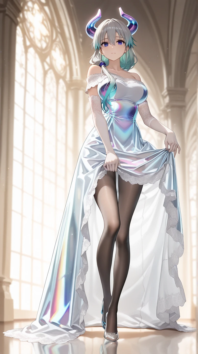 Ultra-realistic 8k CG, beautiful girl with white hair, blue eyes, open mouth, puffy, plump body, corset breast, fleshy thighs, white floral pattern stockings, high heels, full body, looking at the audience, symmetry, add_detail:1.5