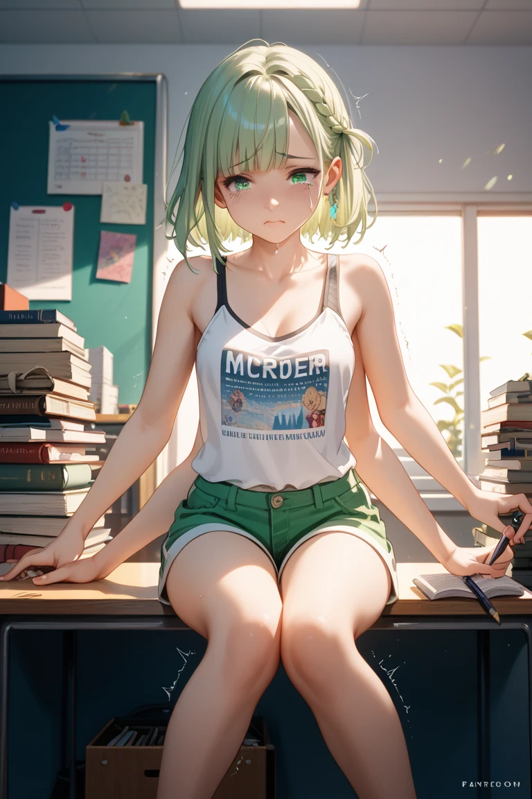 anime girl ,short green hair,wearing crop top,have small breasts, reading a book , wood