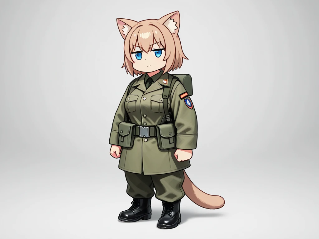 best quality,masterpiece,absurdres,anime style,full body,(necoarc),slit pupils, cat ears, chibi, :3, blonde hair,blue eyes,youjo senki,tanya degurechaff,military hat,green military uniform,outdoors,forest,<lora:necoarc-guy-PONY-v1:1>