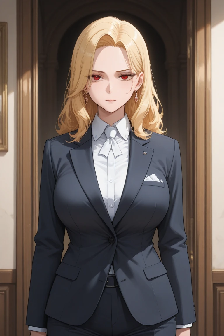 (masterpiece, highres, best quality:1.2), 8K, highly detailed, intricate, colorful, vibrant image, sharp focus, cinematic)  blonde hair, long hair, green eyes, body builder (Wearing black business outfit, black_collared shirt cropped jacket ,tie,necktie,black frilled skirt, garter straps, leather waist belt) (big perfect round breasts,hourglass body, thin waist,very thin waist, Photo realistic,(hyperrealistic:1)beautiful, masterpiece, best quality, extremely detailed face,perfect face,beautiful face, perfect lighting,detailed eye makeup, detail face, nice detailed eyes,nice hands, perfect hands,glowing eyes (realistic pupils,realistic iris:1) heavy eye makeup,(empty Casino)(Posing dynamically)