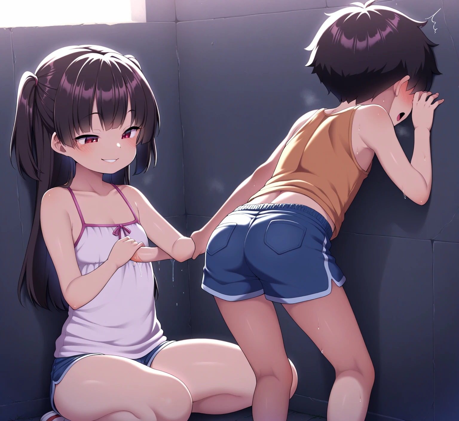 Young girl with black hair, long twintail, twintail hairstyle, (blue eyes), ((small bushy eyebrows)), wearing gothic ta clothing, loli, to school, bored eyes, bored face (Zankuro) drawing style by zankuro artist, Zancrow style, image uploaded in R34, walking to school, flirty smile , suddenly having sex in public, ((doggy style sex)), ((public sex )) naked ass in the male crotch, old man , ((being raped by a decrepit old man in a dirty alley,