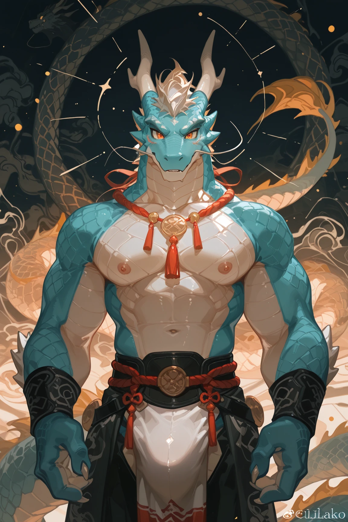 tarot card, majestis furry (muscular furry black and blue eastern dragon) standing with astrological sign, an anthro, anthromorbic, zodiac, dragon zodiac background, mistic