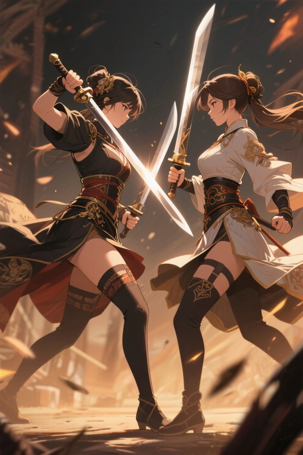 Full body shot of two female character from Dead or Alive games. They locked duel fighting in an intense battle, serious expression, attacking each other wielding katana with deadly intent. They have different long loose hairstyle. Both of them wears wears a different traditional short kimono, with a obi tied on their back, and skirt. On their hands, they also wear black thin elbow gloves. On their feet, they also wears black thigh high socks and the black boots. The battle takes place in a dense and lush forest.