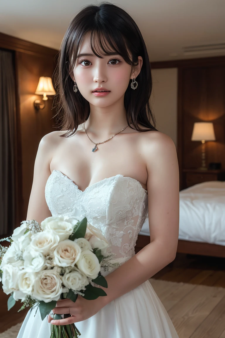 1 girl, huge laugh, Very pretty, beautiful, detailed eyes, cute teen, thin collarbone, shiny lips, sweet, sun glare, Conservative attire, Beaded bell-line wedding dress, bouquet, bridal tiara, depth of field, blurred background, Cathedral Background, light particles, strong wind, head tilt, long hair,