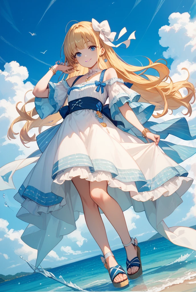 Anime Girls,(Official Art、Highest quality、unity 8k wallpaper、32k、masterpiece、Very detailed、Ultra-high resolution)、wonderful、((Alice in Wonderland))、blonde、Tie your hair with a ribbon、Blue colored eyes、Blue Apron Dress、White socks、