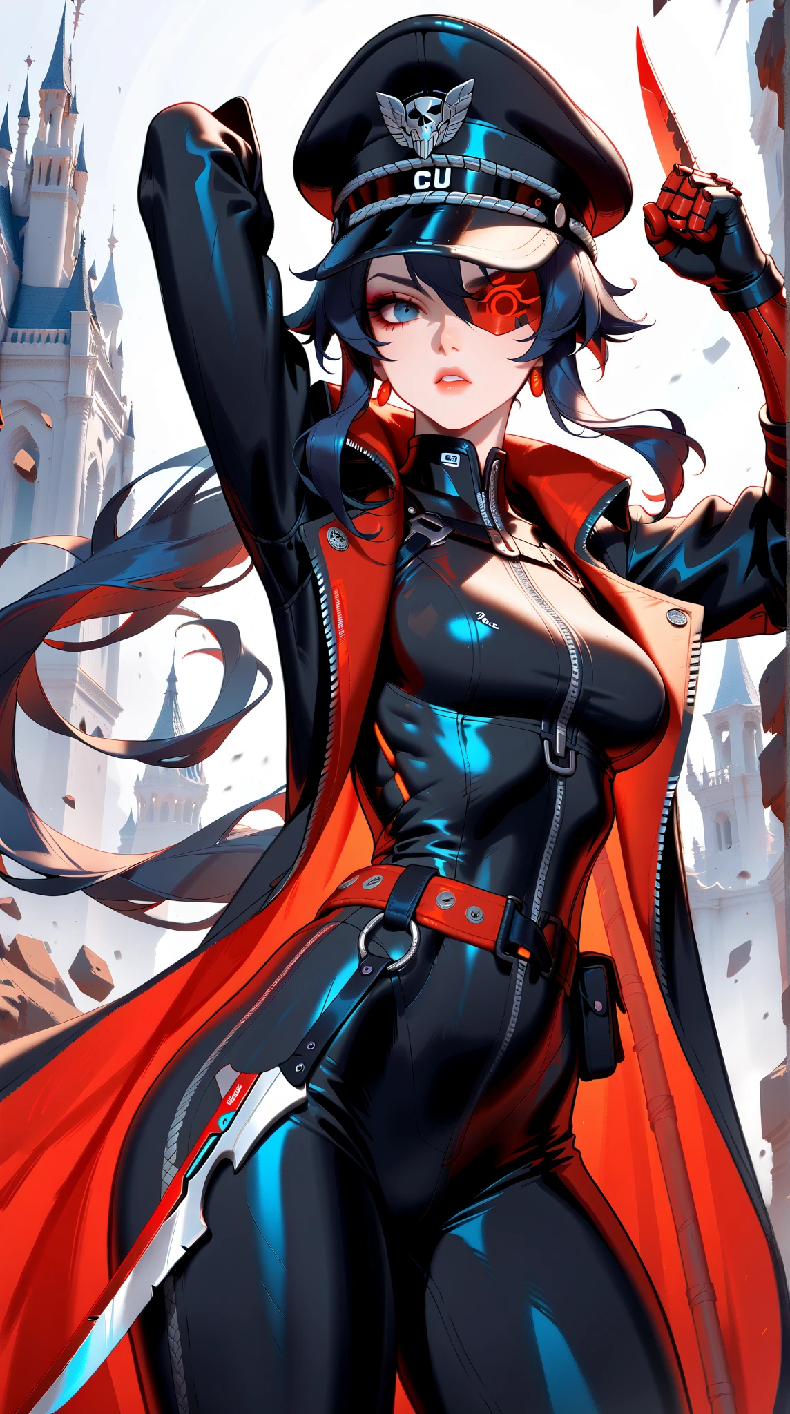 Anime Detailed Beautiful fantasy Woman, small , long black hair with red highlights, (big bulge), big cock, (big dick), silver eyes, hair tips are red, black cat ears, black cat tail, baggy fantasy clothes,