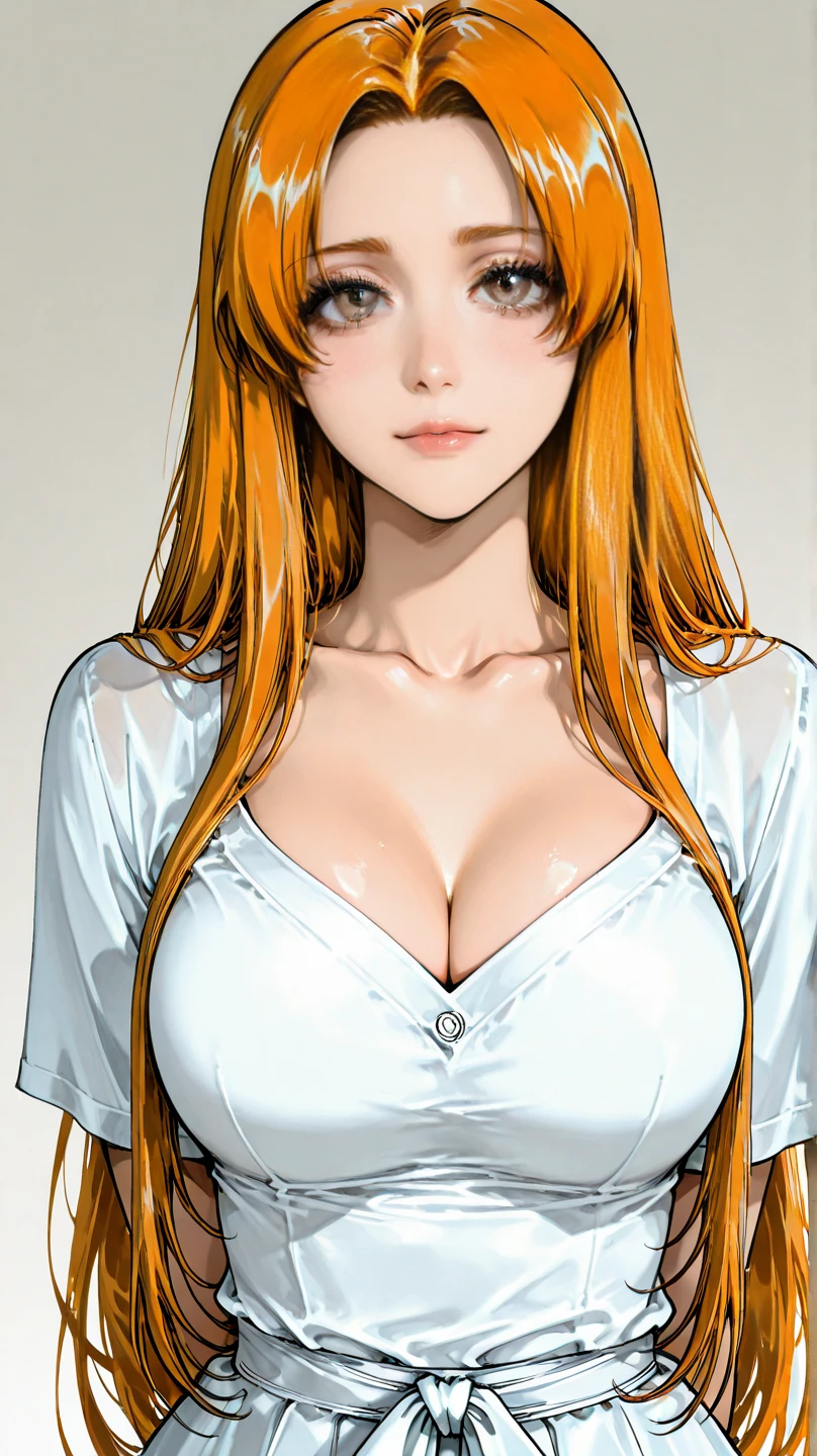 (8k), sharp focus, highres, 1girl, upper body, midoridef, red hair,(high quality:1.2), (high detail:1.2), (masterpiece:1.2), (extremely detailed:1.2), white clothing, symmetrical features, long hair, cleavage on, busty, plain single-colored background, zoomed in, (((sexy breasts)))