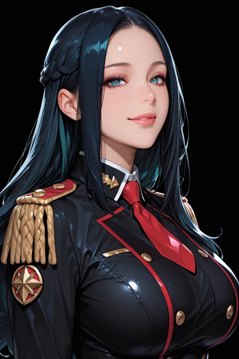 (masterpiece, best quality), 1girl, <lora:edgWar40kCommissarv1:0.8> edgCommissar, millitary uniform, epaulettes , ((artificial eye)), skull emblem, hat, wearing edgCommissar
