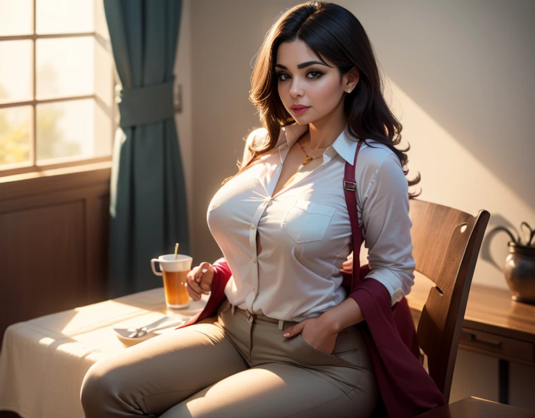 Create a detailed masterpiece featuring a curvy Iraqi mom in a long blouse shirt open front cardigan being braless during morning breakfast time, with medium, soft, saggy breasts, adorned in a linen maroon and gold. collared, sitting, (chest pockets), khaki pants