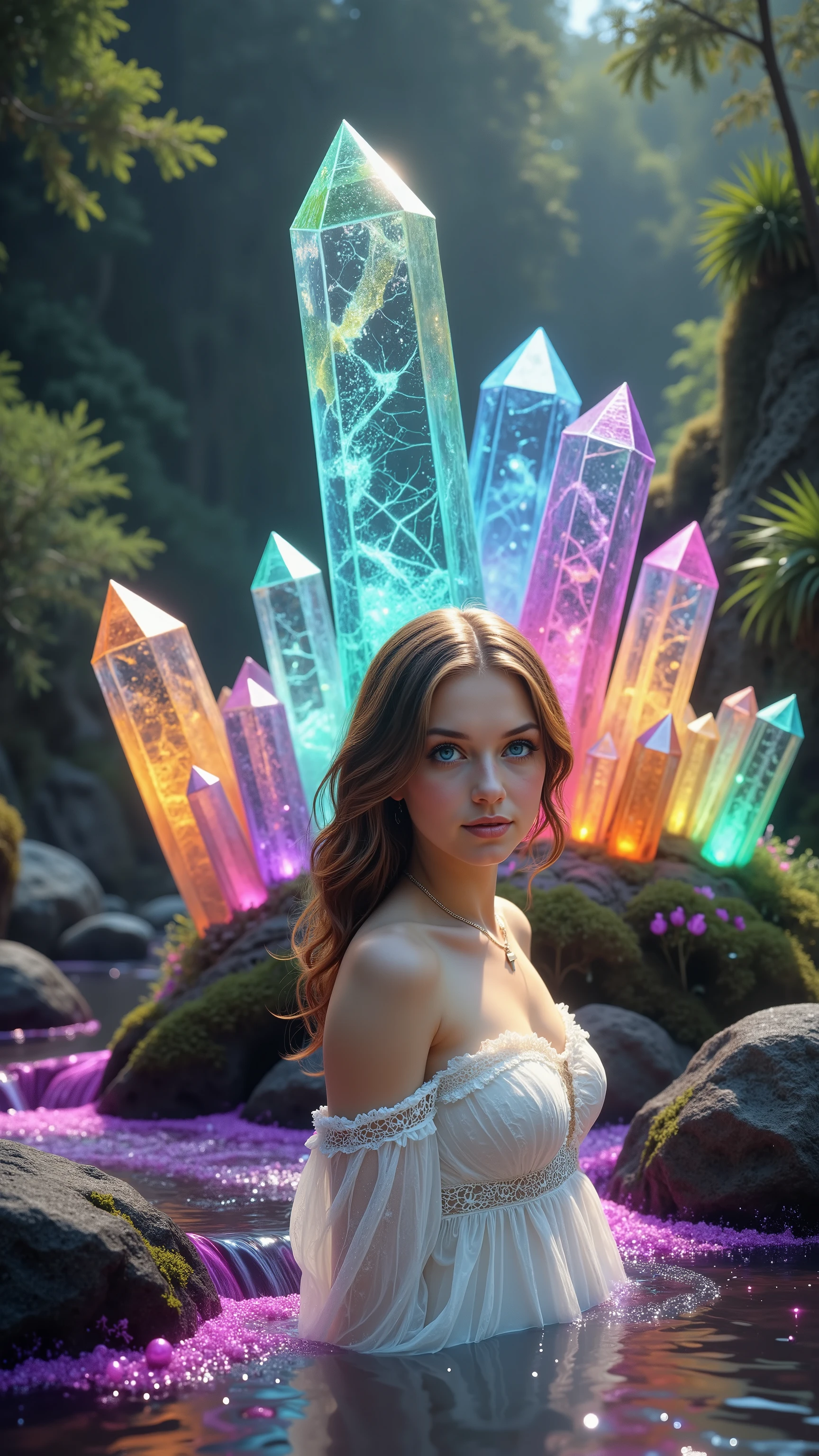 1girl, gorgeous European face, sparkling/glowing blue eyes, long eyelashes, long white dress, very large breasts, looking at viewer, small crucifix necklace. Hundreds of different colored quartz crystals 6 to 9 feet tall, Many hundreds of extremely large((taller than the girl))and thick crystal point formations, The translucent crystals are glowing a bright neon orange, electric blue, neon purple, neon pink, neon green, and neon yellow, color from inside of the quartz crystal points protruding from the edges of the stream, neon purple, bubbling stream water with extremely bright neon green bubbles and purple water glowing and fizzing at the edges. Lush jungle, Full sunlight, Breathtakingly beautiful, ultra-realistic, cinematic photography, cinematic portrait, cinematic lighting, portrait photography,photorealistic,ultra detailed,UHD,full focus,highest/best quality,award winning, spectacular,stunning, incredible,too cool for school, fantastic,Positive Energy,Constant Elevation, Masterpiece