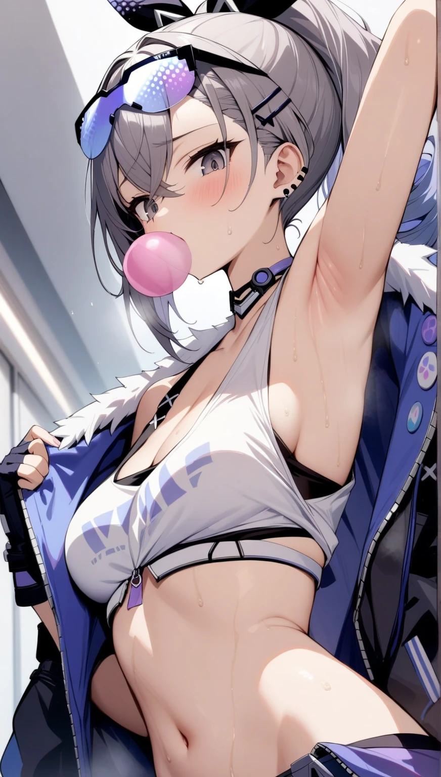 score_9, score_8_up, score_7_up, score_6_up, score_5_up, score_4_up, source_anime , 1girl, Mona (genshin_impact), genshin_impact, medium breasts, , breasts focus, floox style, \\\\\ jacket,, open clothes, blue jacket, blue track suit,, sportswear, standing, track jacket, blue track pants, track suit, \\\\\ steam, steaming body, sweat,, rating_explicit, high resolution, deep breath, head out of frame, grey background, solo, nipple slip, waist-length dark purple hair that turns slightly red at the ends, shy, blush, gold earring that resembles a compass rose on her left ear, twintails behind shoulders, DeepNegative_xl_v1, AissistXLv2, aidxlv05_neg