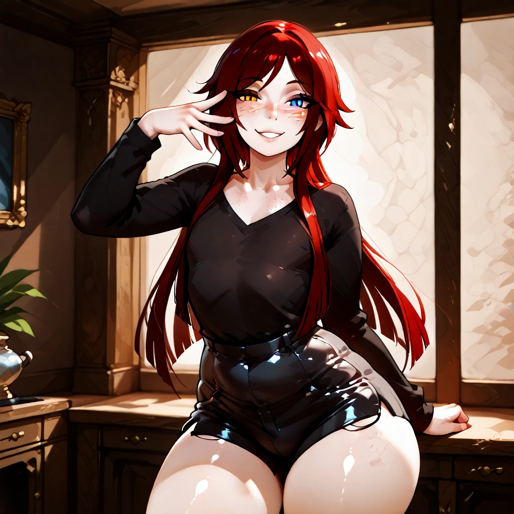 masterpiece, best quality,  animeLorelei, red hair, red eyes, hair between eyes, glasses, elegant black dress, looking at viewer, smile, winter, table, Luxury apartment, black dress, sexy, nigth, Blush in the cheeks, Red lipstick