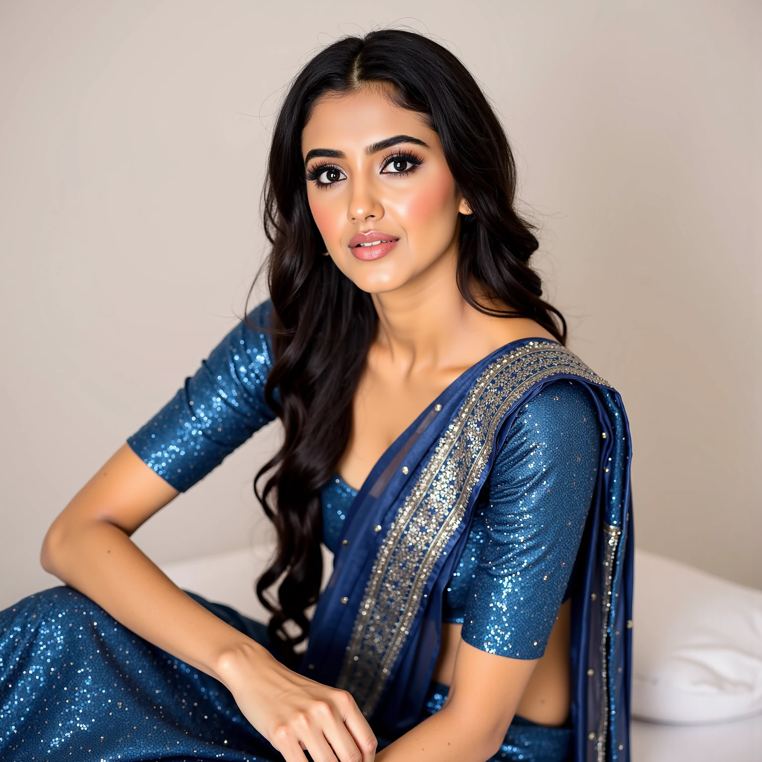 a professional photo of a 30 year old woman, in a turquoise ((sari)), black hair, highly detailed features, hotel lobby in background, dgespresso