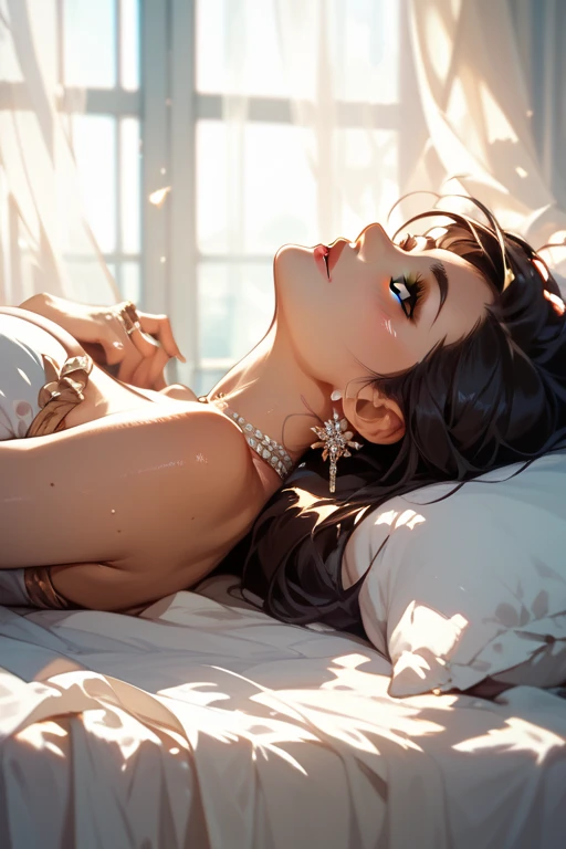 A masterpie、Realstic、best qualiy、photorealestic、Beautiful girl crawling into bed 、Sleeping wrapped in sheets with profile facing the viewer、Uneven sheets to match style、close her eyes、long hair