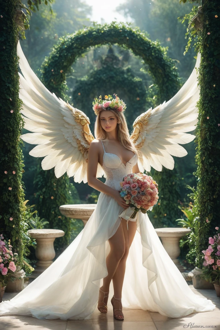 (medium full shot) of (divine angel) young woman, canadian, tan skin, dark Blue eyes, voluptuous build, extra long brown updo hair, wearing Ethereal white ensemble with a flowing top, layered tulle skirt, wearing a wreath of delicate flowers and ivy, gold stockings, white flats, feathered (angel wings), (angel halo), wearing a celestial amulet glowing with inner radiance .set in celestial Garden Pavilion, Idyllic retreat with a thatched roof, wooden benches with floral-patterned cushions, intricately woven wicker furniture, fragrant jasmine vines climbing trellises, and a tranquil koi pond with a stone bridge crossing over it , at sunset, surprised, open mouth, pointing her finger at the viewer, Masterpiece,best quality, photorealistic, amazing quality, very aesthetic, extremely detailed face,